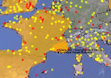 A screenshot showing some low-resolution zones, here roughly represented as orange polygons, and some airports.