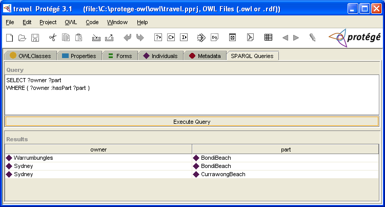 Protege SPARQL screenshot