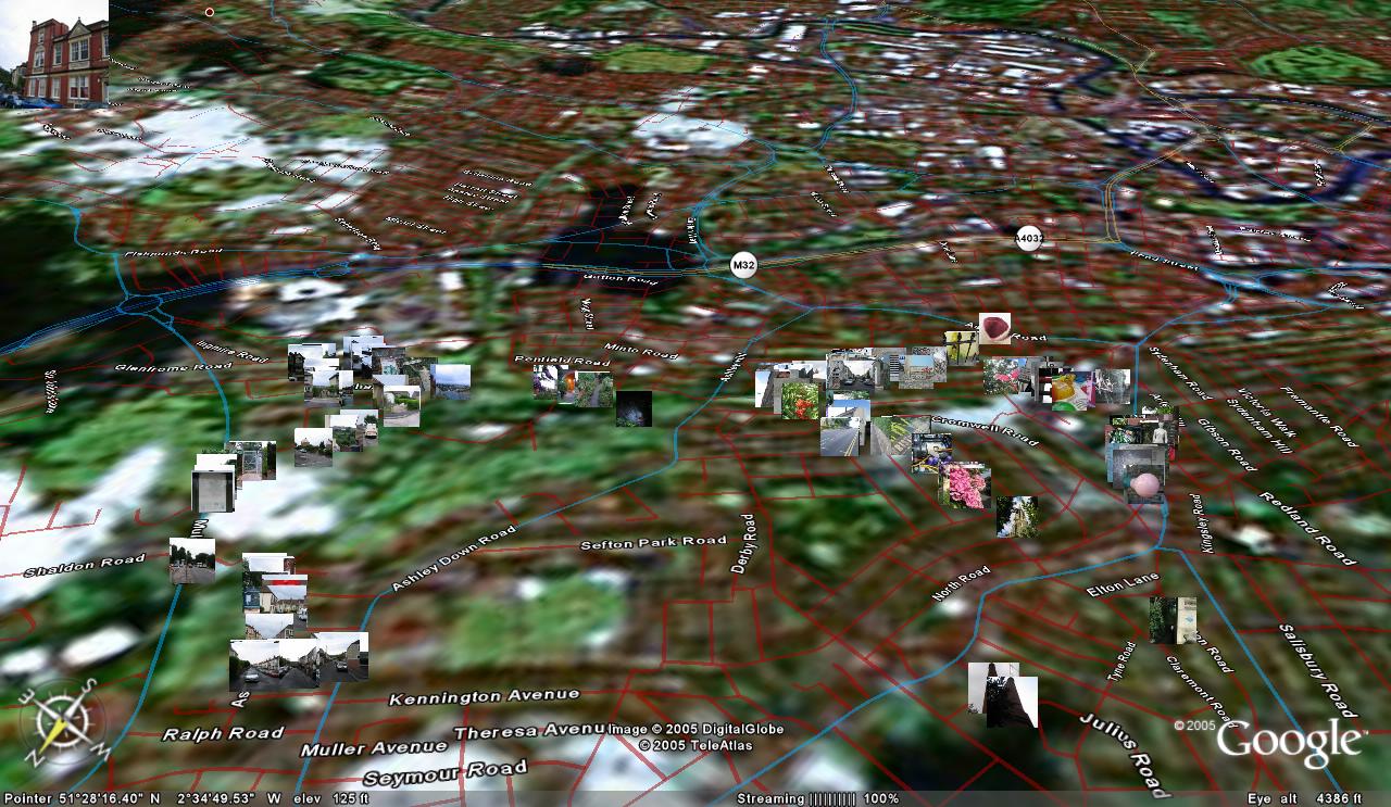 Photos shown projected onto a map