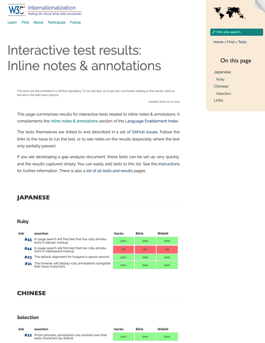 Screenshot of the Inline Notes & Annotations results summary page showing a table of test results grouped by language.
