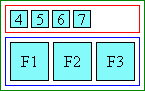 Diagram of glyph layout in left aligned ruby when ruby text is shorter than base: the ruby is in a clump above the base characters, and bunched up on the right-hand side.