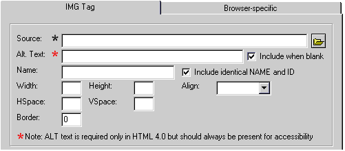 Screenshot of Homesite image tag editor includes red asterix to explanatory note beside alt-text field