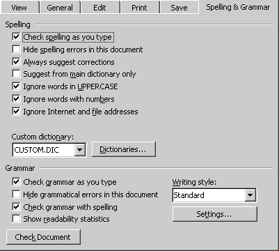 Screenshot of Word2000 spelling options include checking as you type, suggestions, and what to ignore