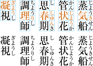 熟語ルビの配置例3 (後ろの親文字にルビ文字を掛けた例)